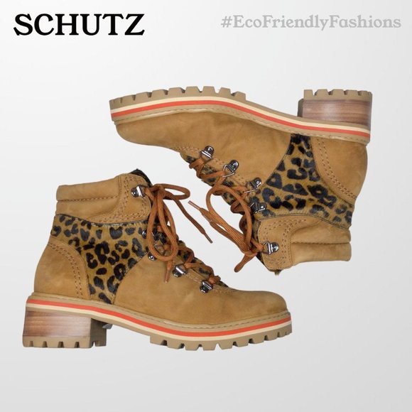 Schutz Keida Womens Brown Lug Sole Leopard Calf Hair Trim Hiking Boots Size 6.5B - Picture 4 of 7